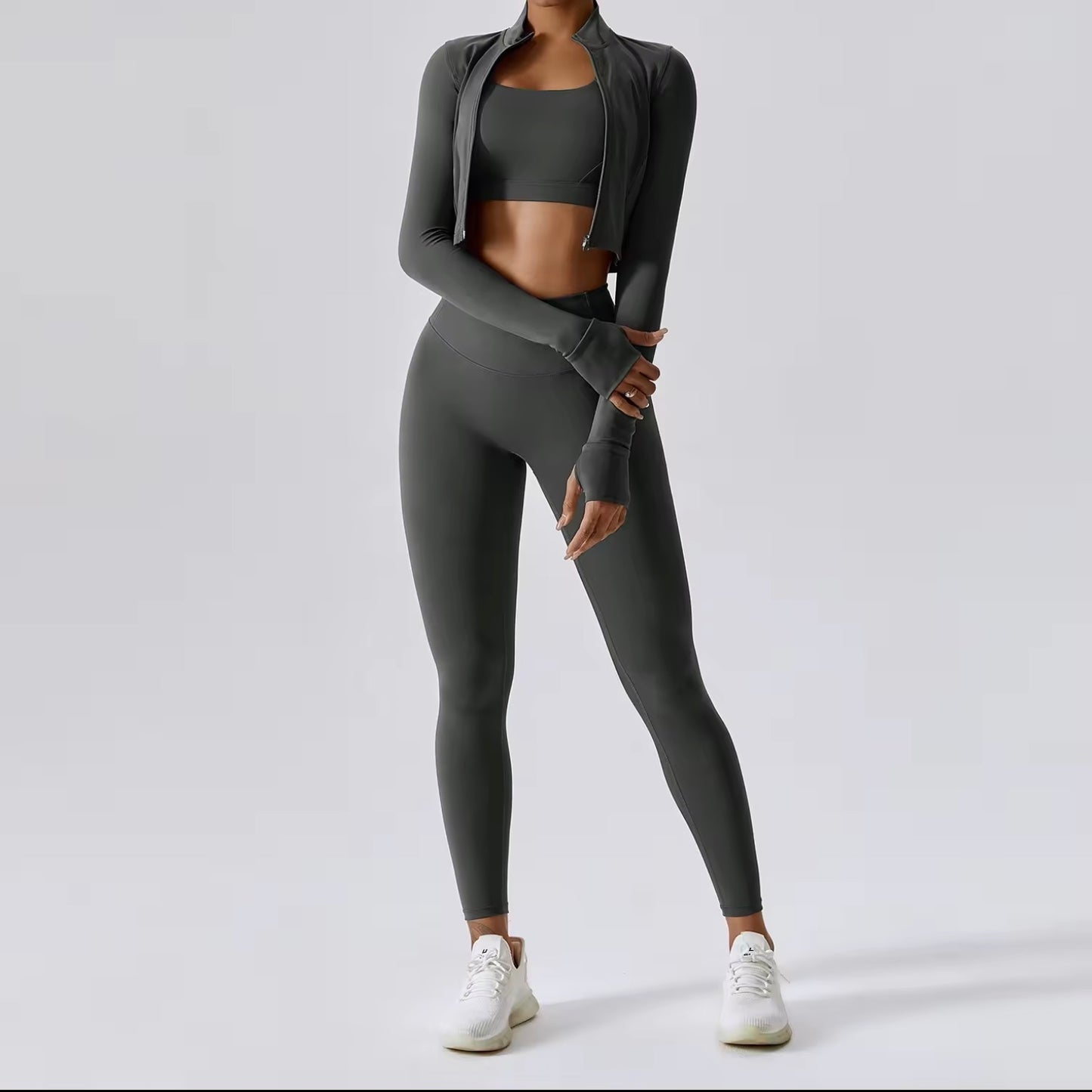 4-Piece Crop Top Jacket Bra Seamless Leggings and Shorts Set
