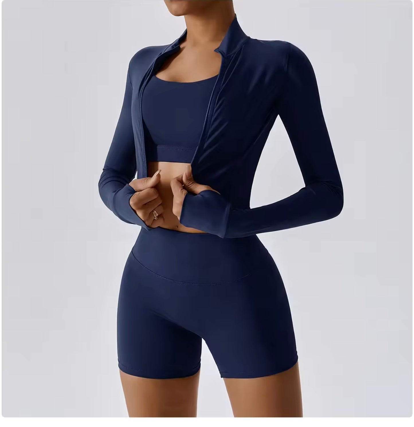 4-Piece Crop Top Jacket Bra Seamless Leggings and Shorts Set